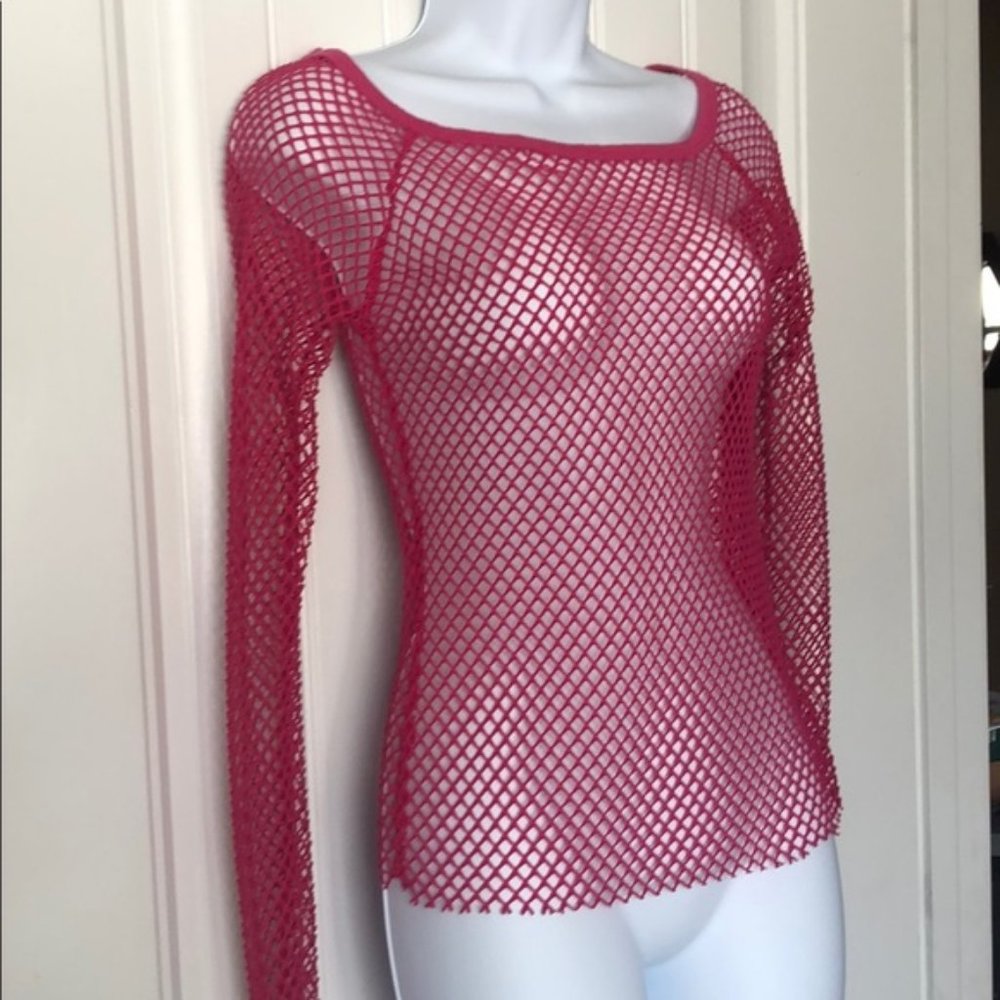 Hot pink mesh/fish net long sleeve top Sz S